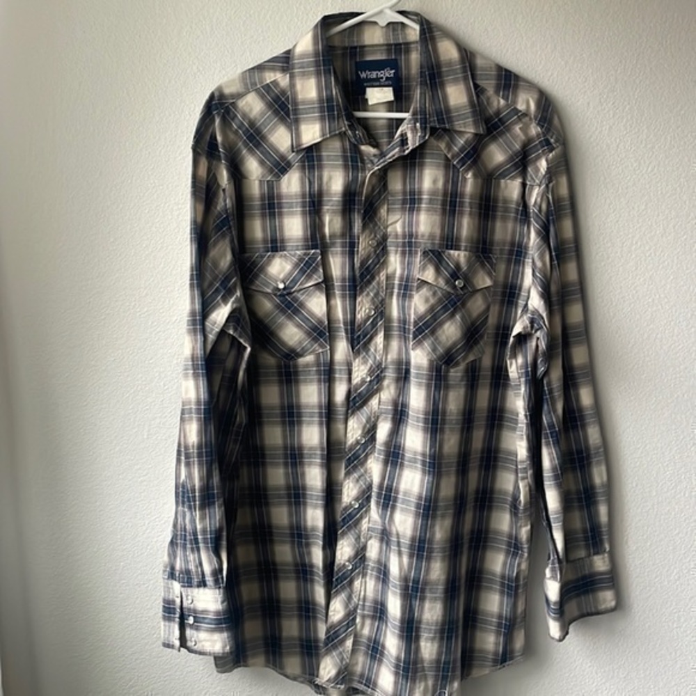 Wrangler shirt snap upfront plaid western shirt size 17 neckline